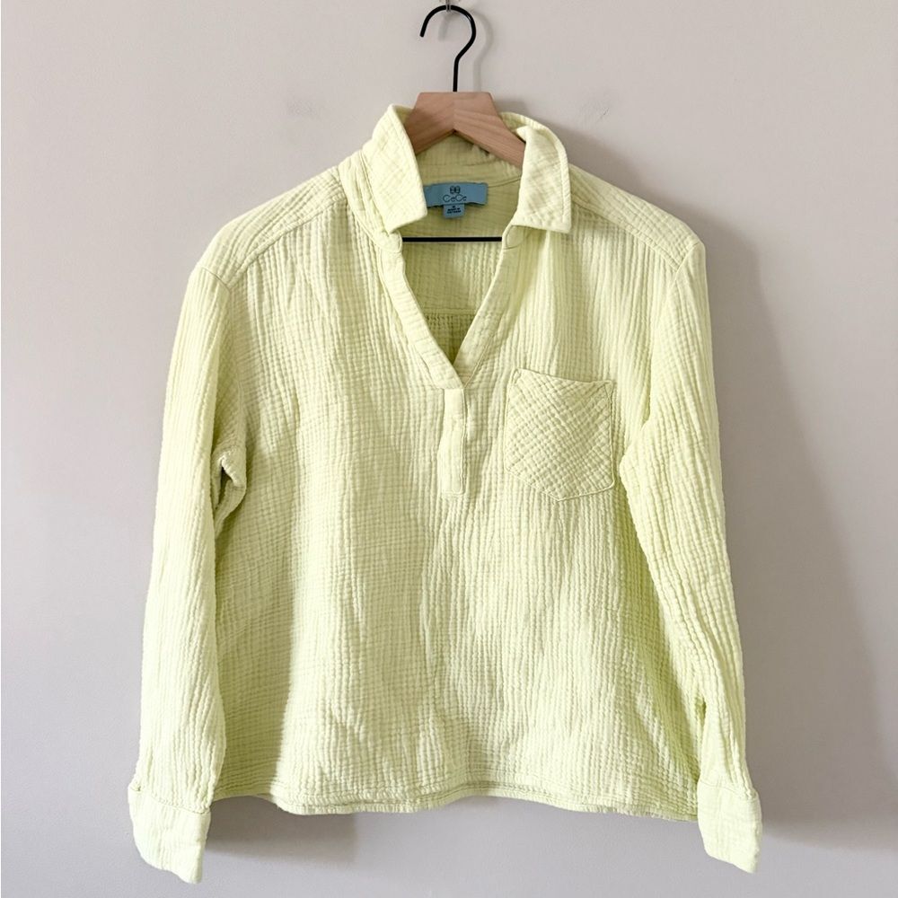 CeCe Quarter Button Down Cotton Gauze Top in Light Yellow Size M